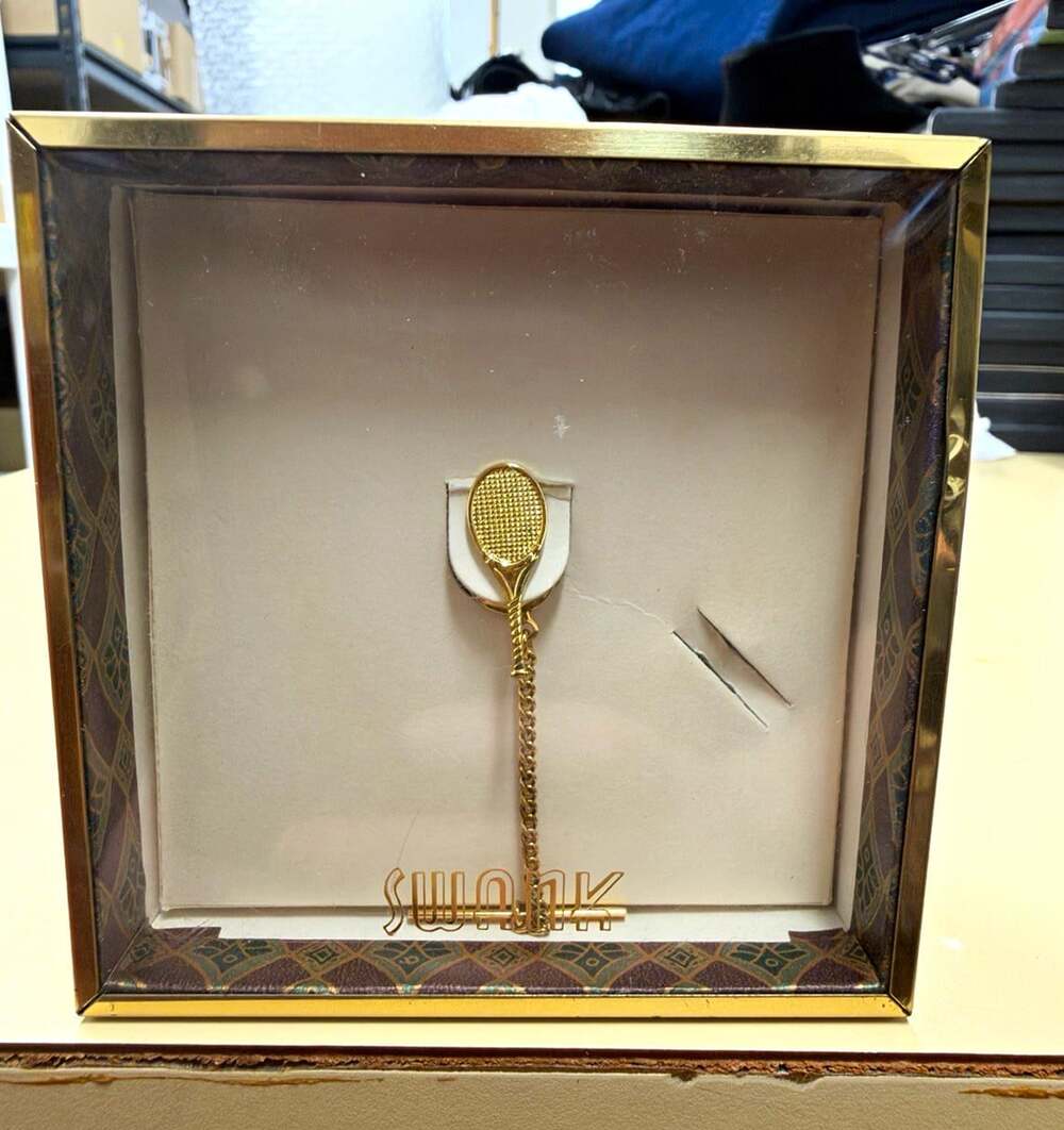 Vintage Swank Tennis Racket Tie Tack Gold Tone Chain T Bar Original Box